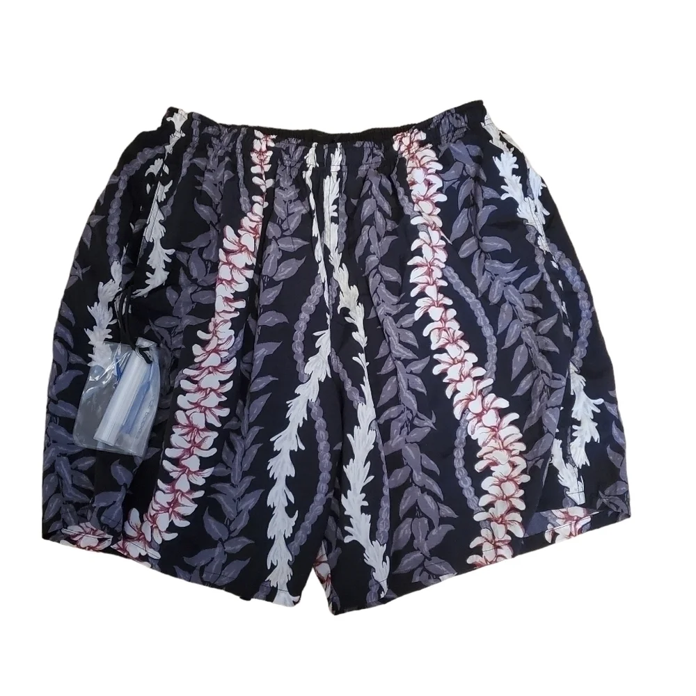 SPEEDO Swim Trunks Mens XL Black Floral Vines Leis Elastic Waist Liner Pockets‎